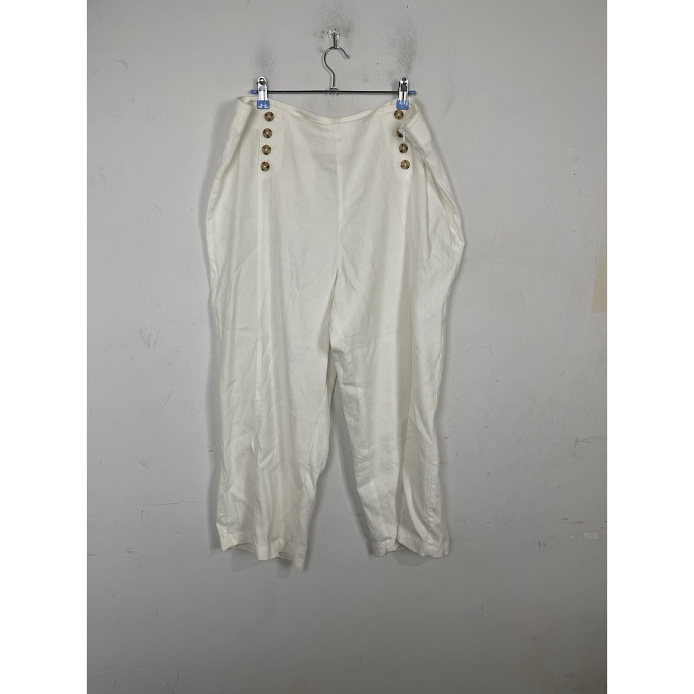 J.Jill White Linen Stretch Sailor Pants Wide Leg Button Detail‎ Size 18